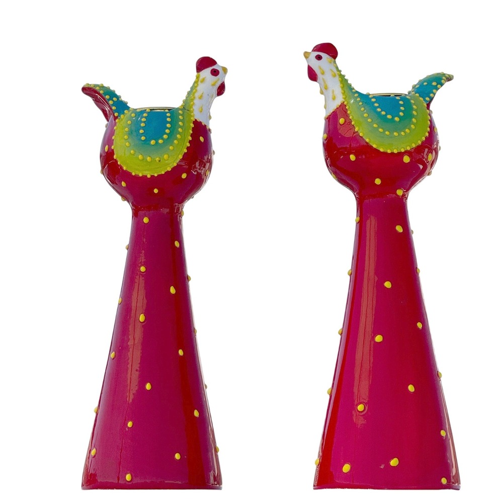 Hen Candle Holder Pair Ceramic Red Green Yellow Farmhouse Decor TA091248-7